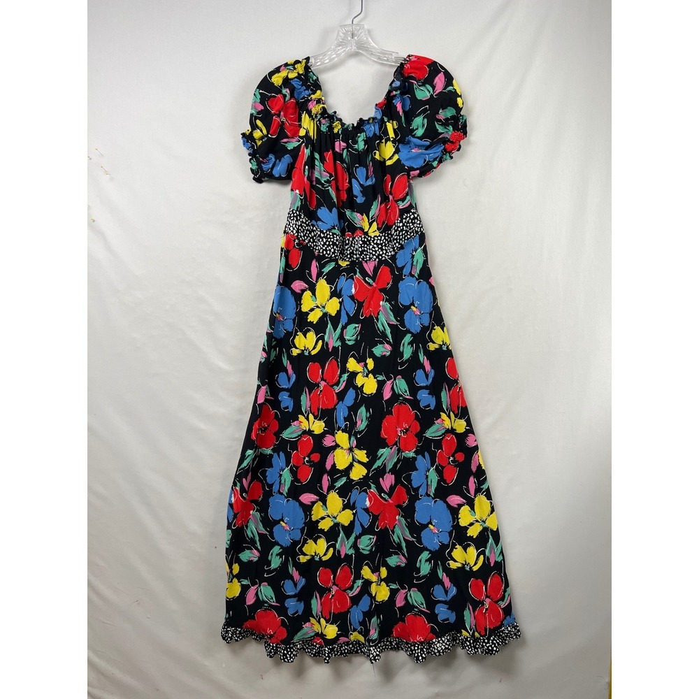 RIXO for Target Maxi Dress Womens 8 Black Floral Puff Sleeve Polka Dot Ruffle
